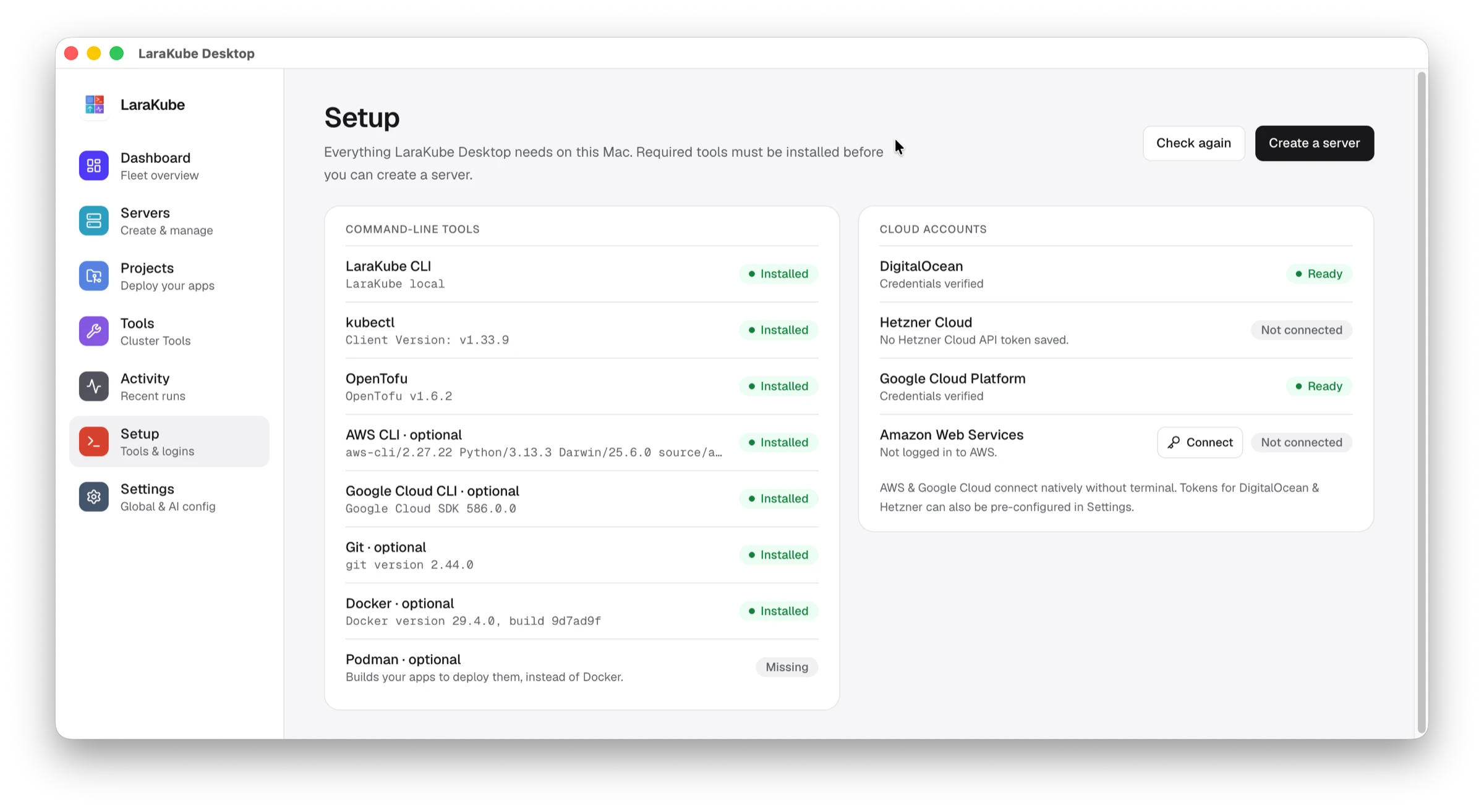 The Setup page