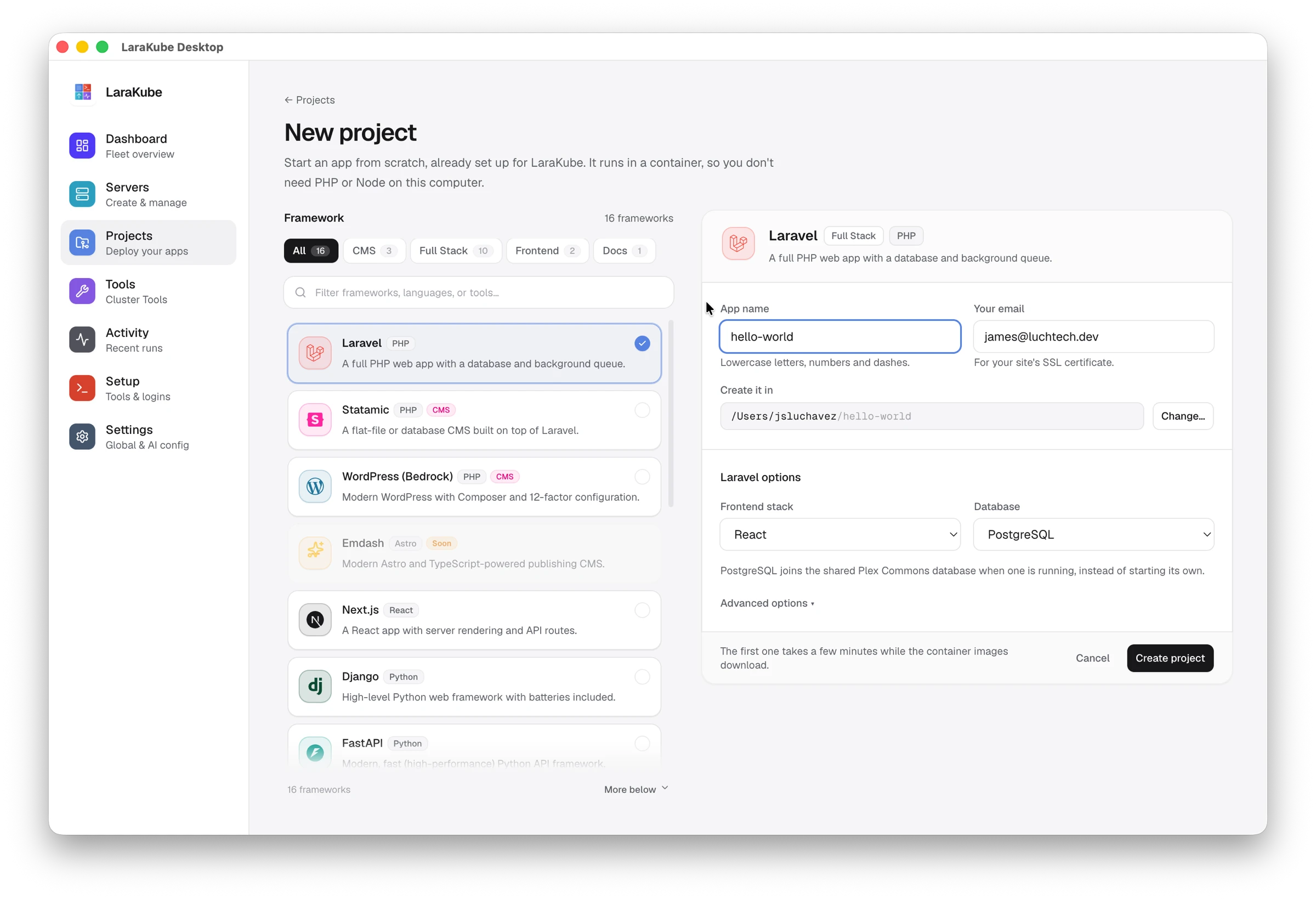 LaraKube Desktop: the New project page with Laravel selected