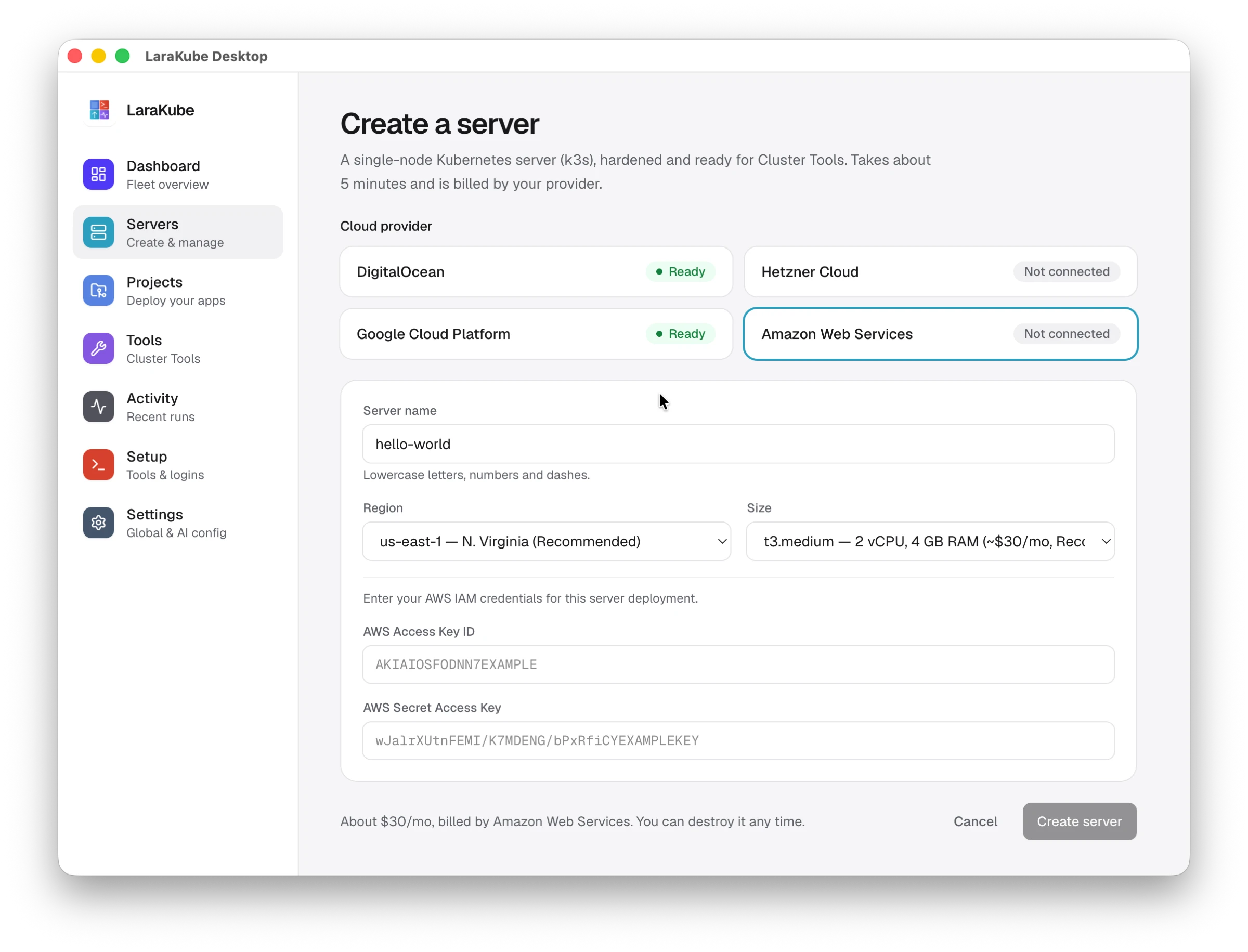 LaraKube Desktop: the Create a server page with DigitalOcean, Hetzner, Google Cloud and AWS